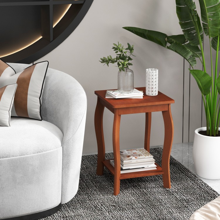 Square end table with walnut finish, featuring a top for decor and a bottom shelf for storage, ideal for small spaces.